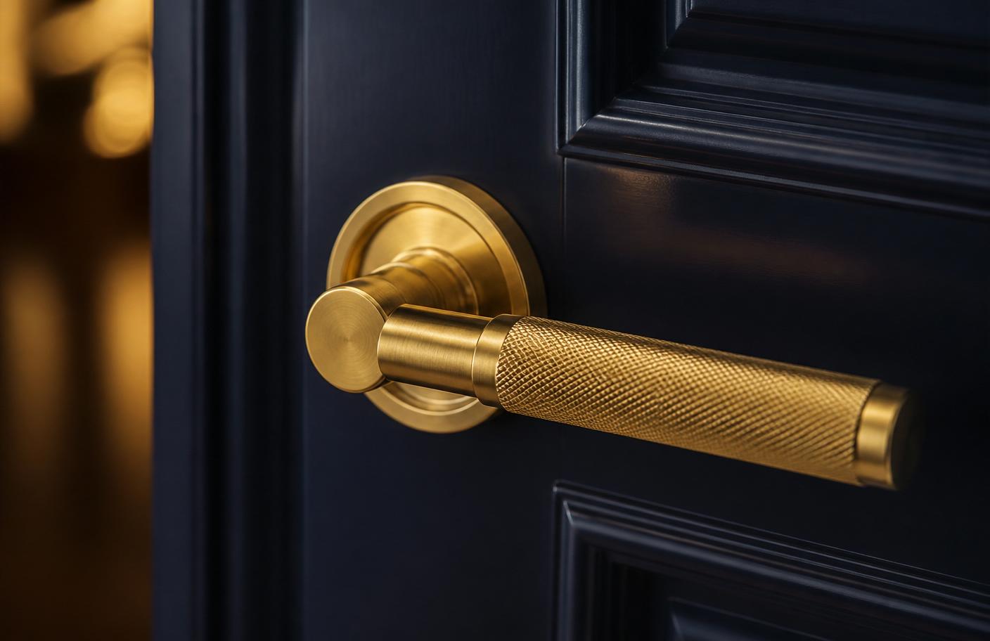 Solid brass door handle on a navy door