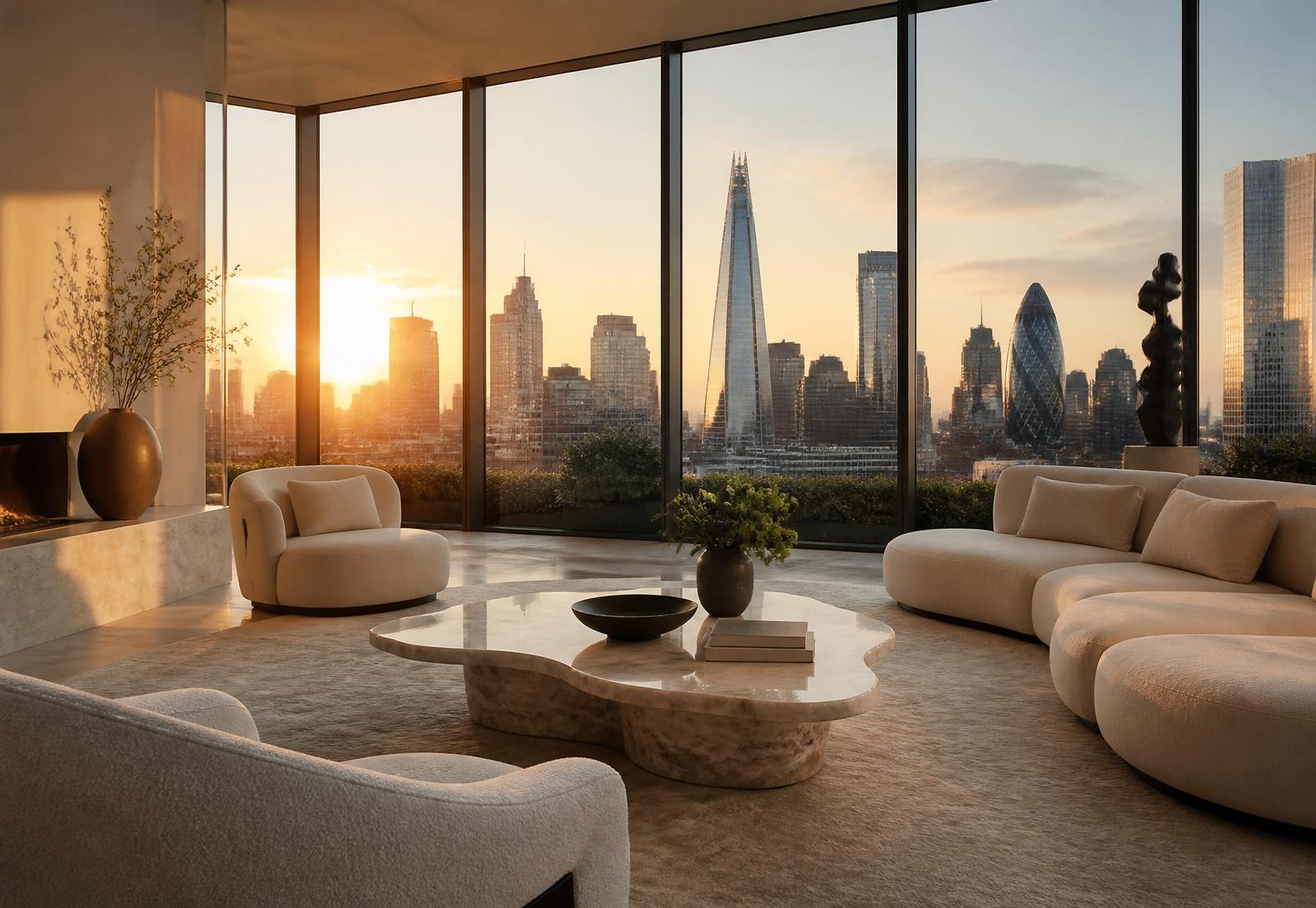Luxury London penthouse interior at sunset